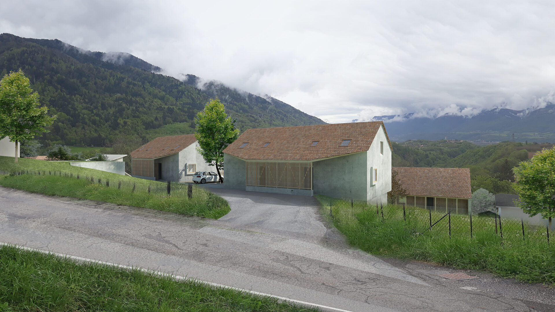 La Chapelle blanche est un village perché sur une butte surplombant la vallée de la Rochette. Le centre-bourg ancien est organisé autour de l’église, et de son clocher qui agit comme un repère visuel en addition des massifs montagneux de ce paysge rural en cours d’urbanisation. Des zones proches du centre ayant été mal plannifiées, avec l’apparition de lotissements hétérogènes aux constructions sans charme et sans référence aux constructions locales, une OAP a été réalisée pour la parcelle sur laquel s’inscrit le projet. Le terrain en forte pente est à la croisée entre 2 typologies distinctes : la partie haute, qui fera le lien entre les édifices patrimoniaux remarquables du centre historique et les lotissements, et la partie basse, caractérisée par des constructions en longueur alignées de part et d’autre de la route départementale : le «village-rue». Le projet s’appuie sur les qualités présentes sur le site afin de renforcer les trames vertes, les cheminements piétons, les jardins potagers, en décomposant le projet en 3 parties : - 4 maisons mitoyennes assurent la transition entre le centre bourg et les quartiers résidentiels en partie haute, - un petit collectif de 8 logements intermédiaires vient poursuivre l’alignement de la ville-rue, -un maison bourgeoise ancienne est conservée, et transformée en 4 logements.